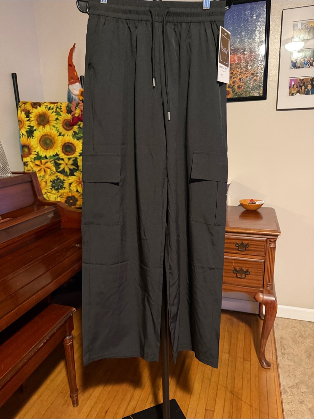 Wide Leg Cargo Pants with Drawstring Waist - Black